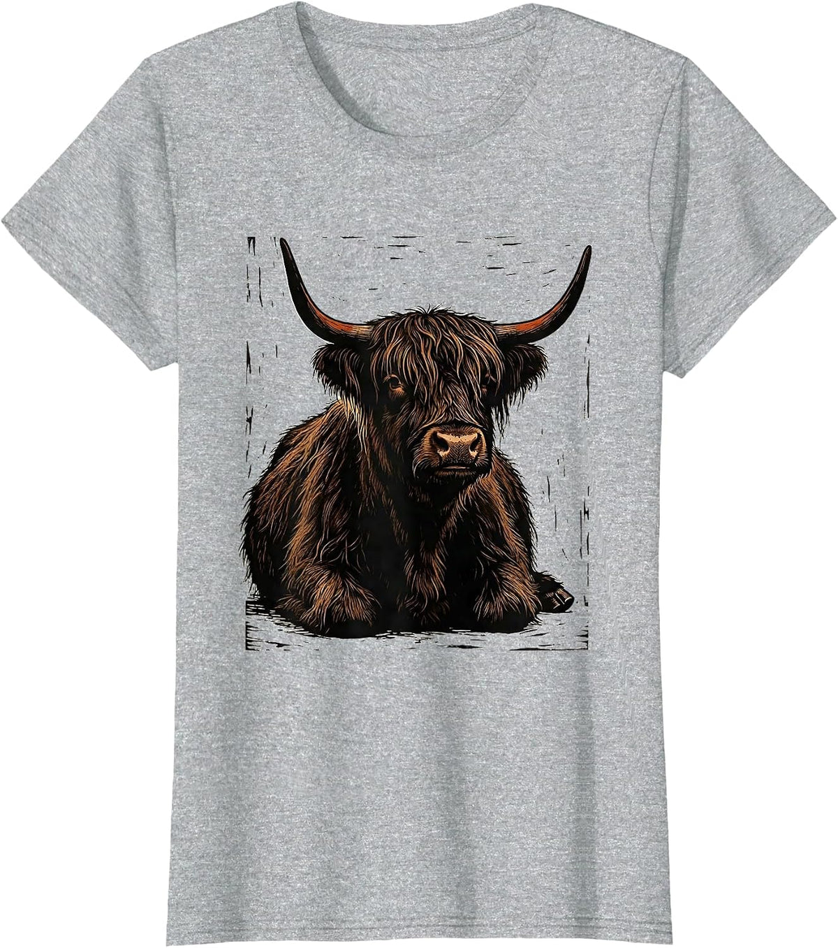 Women's Lounging Highland Cow Linocut Cute Cow Lover Graphic T-Shirt - Heather Grey