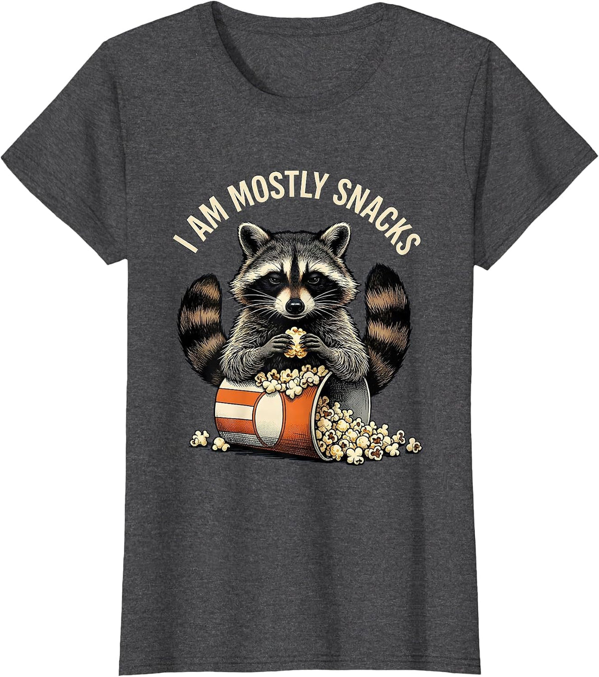 Women's I Am Mostly Snacks Funny Raccoon Trash Panda Absurd Humor T-Shirt - Dark Heather Grey