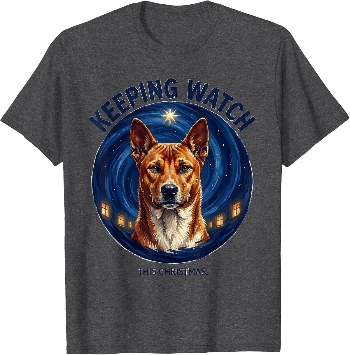 Keeping Watch This Christmas Basenji Van Gogh Starry Night T-Shirt - Dark Heather Grey