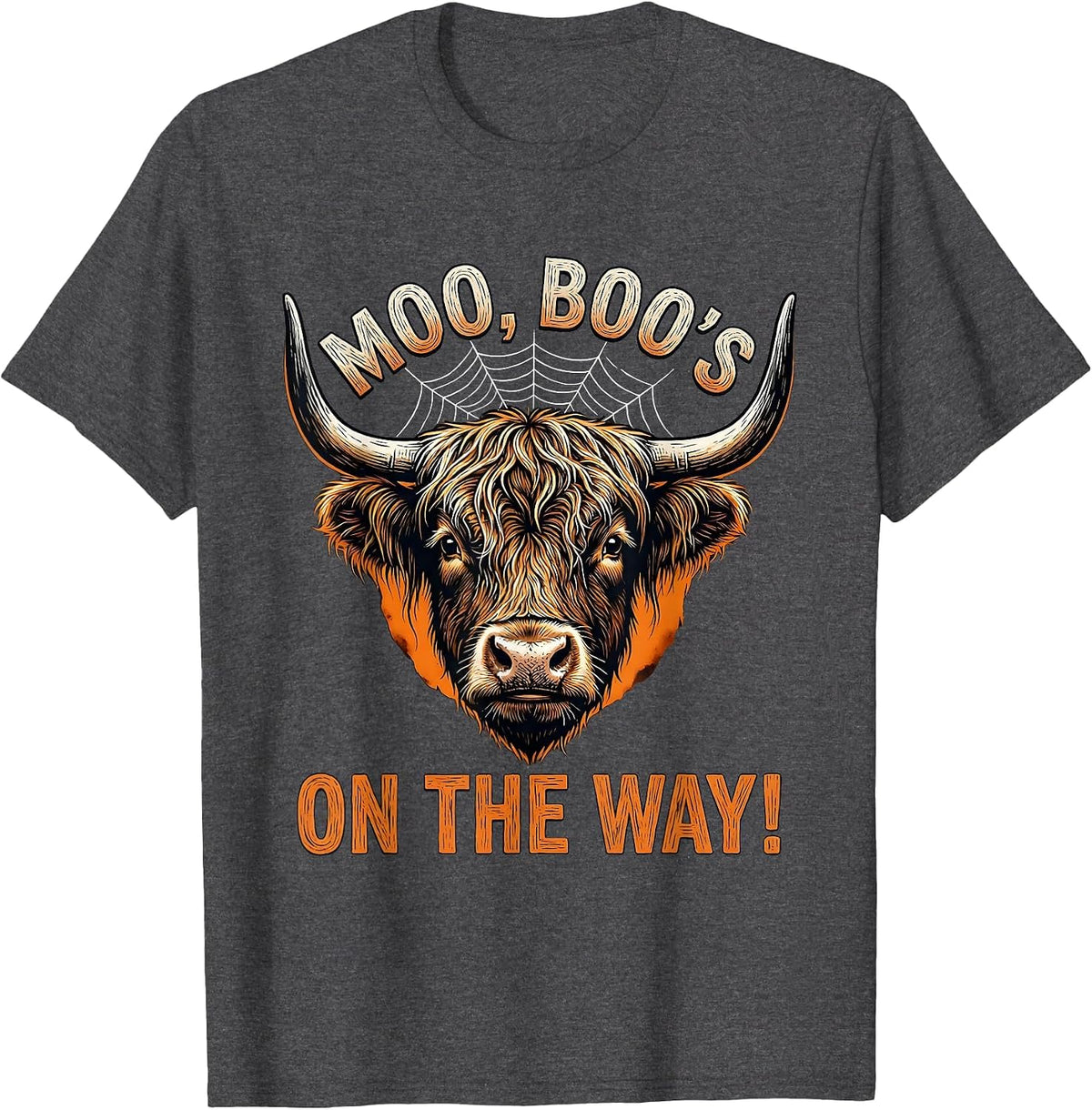 Moo, Boo's On The Way! Funny Highland Cow Halloween Fall T-Shirt - Dark Heather Grey