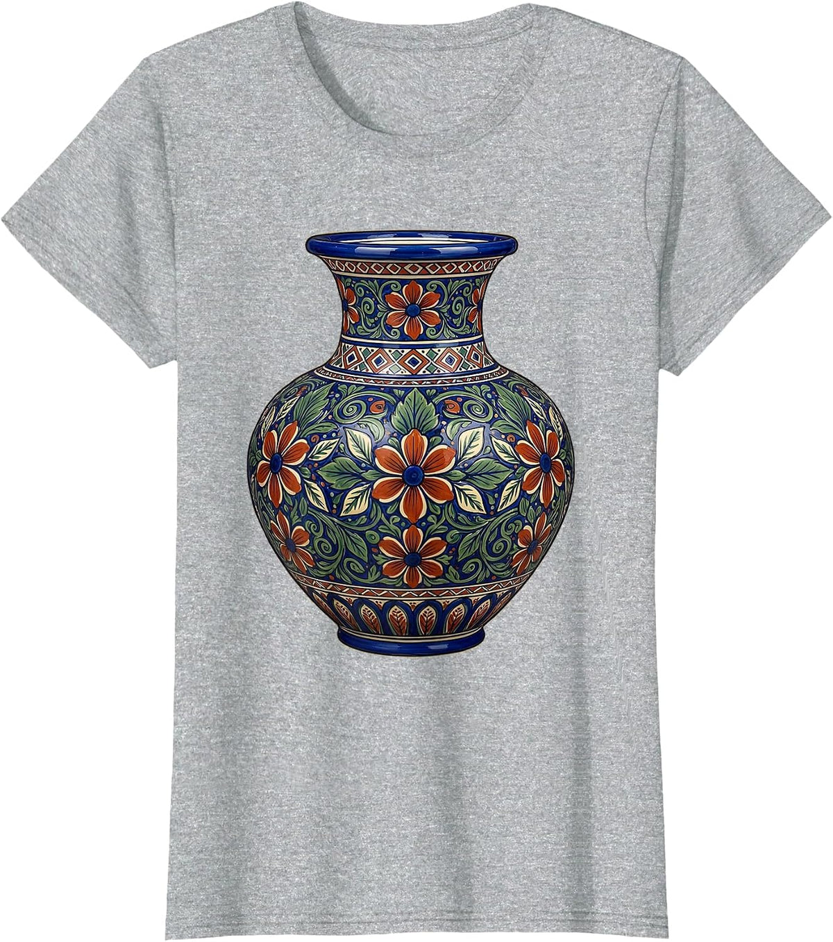 Women's Mexican Talavera Pottery Vase Floral Illustration T-Shirt - Heather Grey