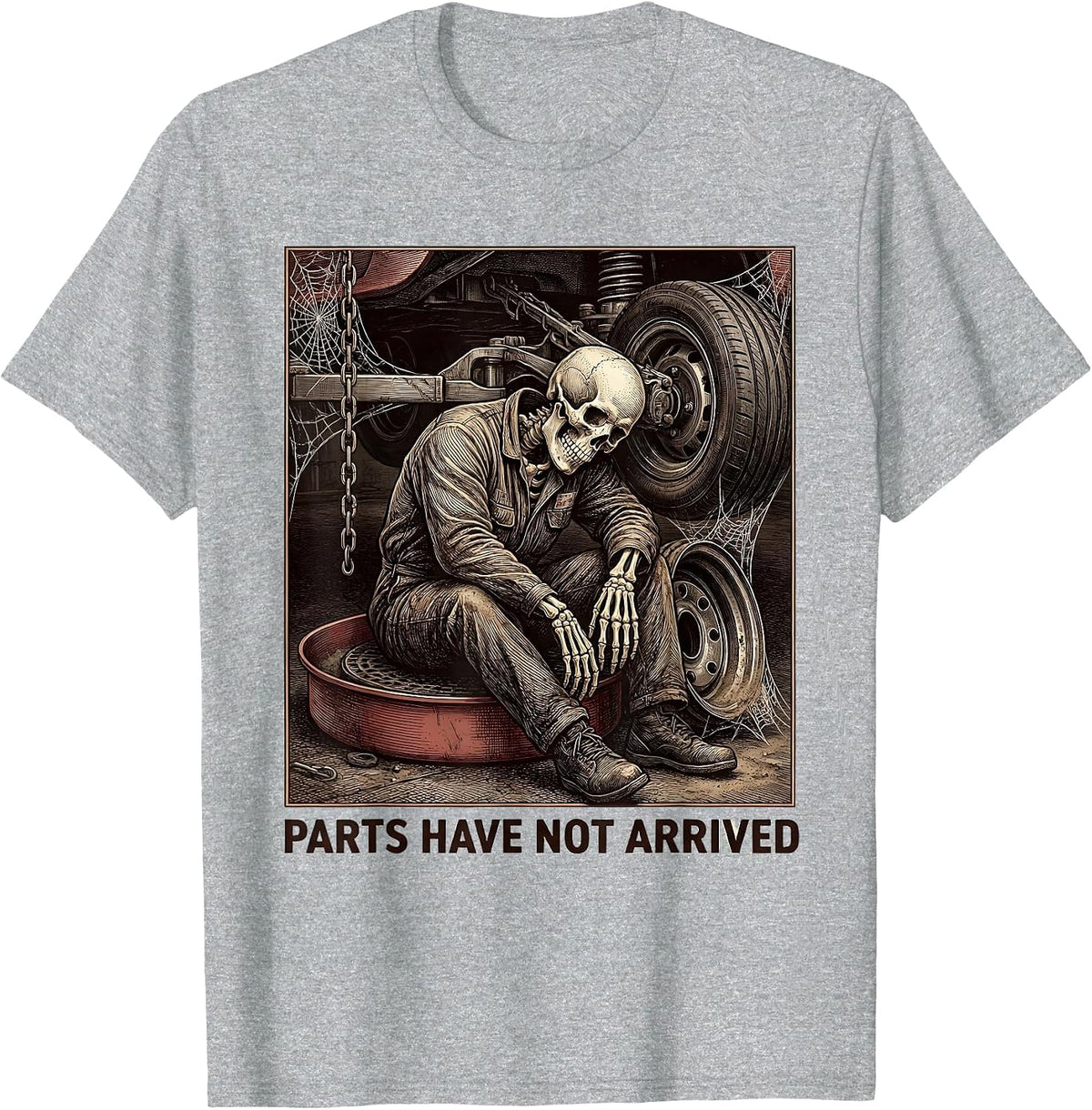Men's PARTS HAVE NOT ARRIVED Funny Mechanic Skeleton Auto Repair T-Shirt - Heather Grey