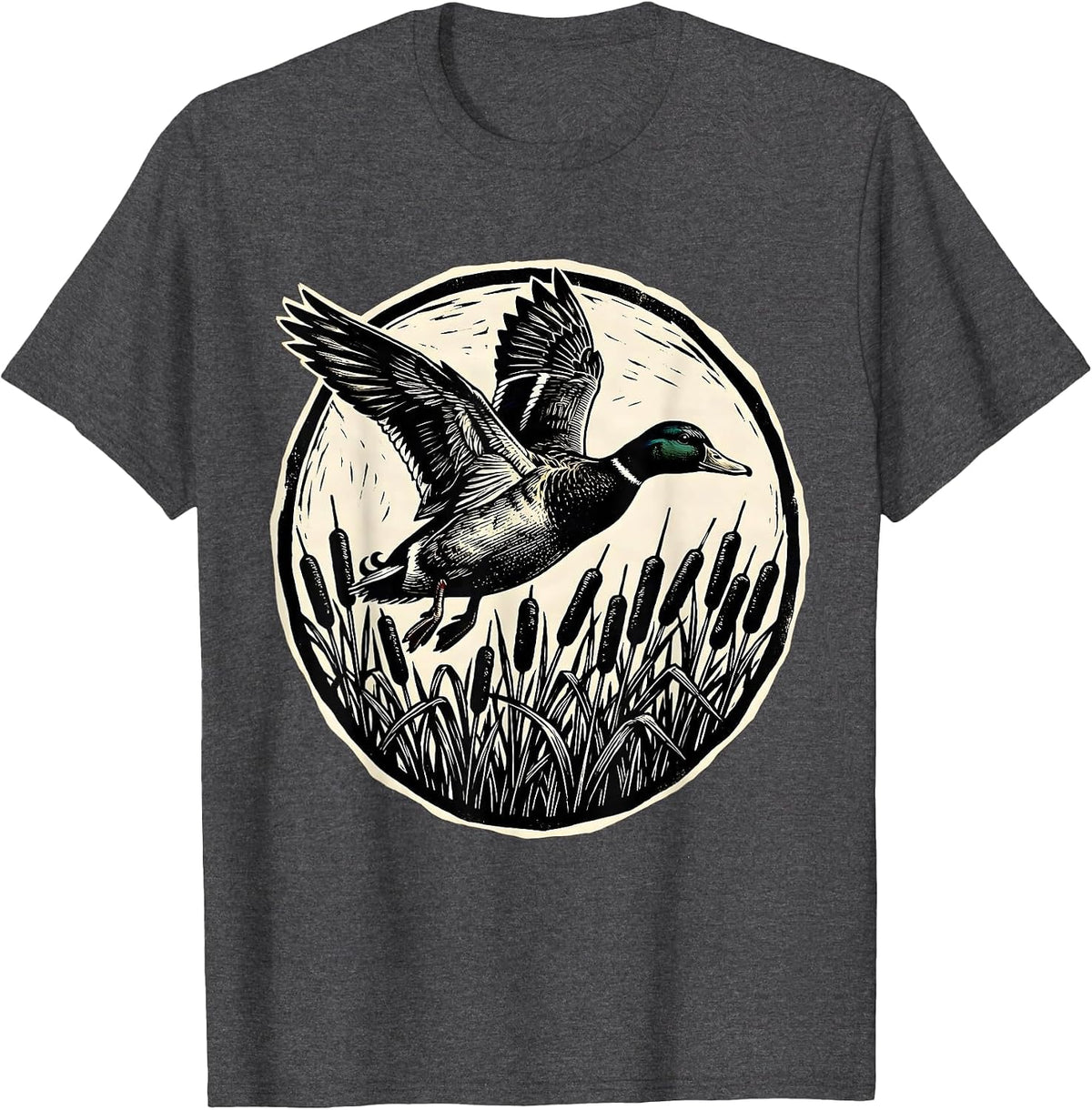 Duck Flying Over Cattail Reeds Nature Illustration T-Shirt - Dark Heather Grey