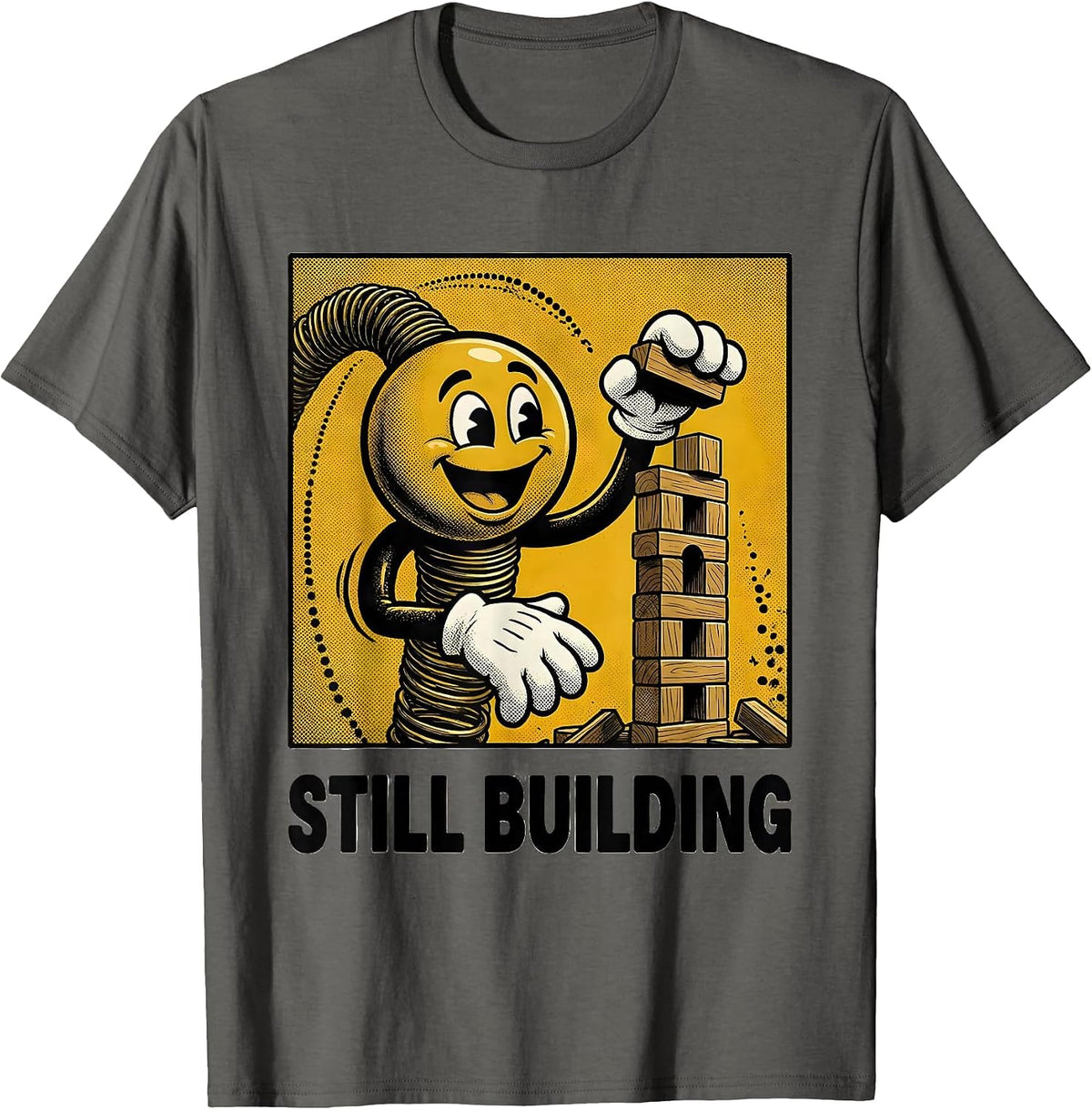 Still Building Retro Cartoon Growth Mindset Teacher T-Shirt - Asphalt Grey