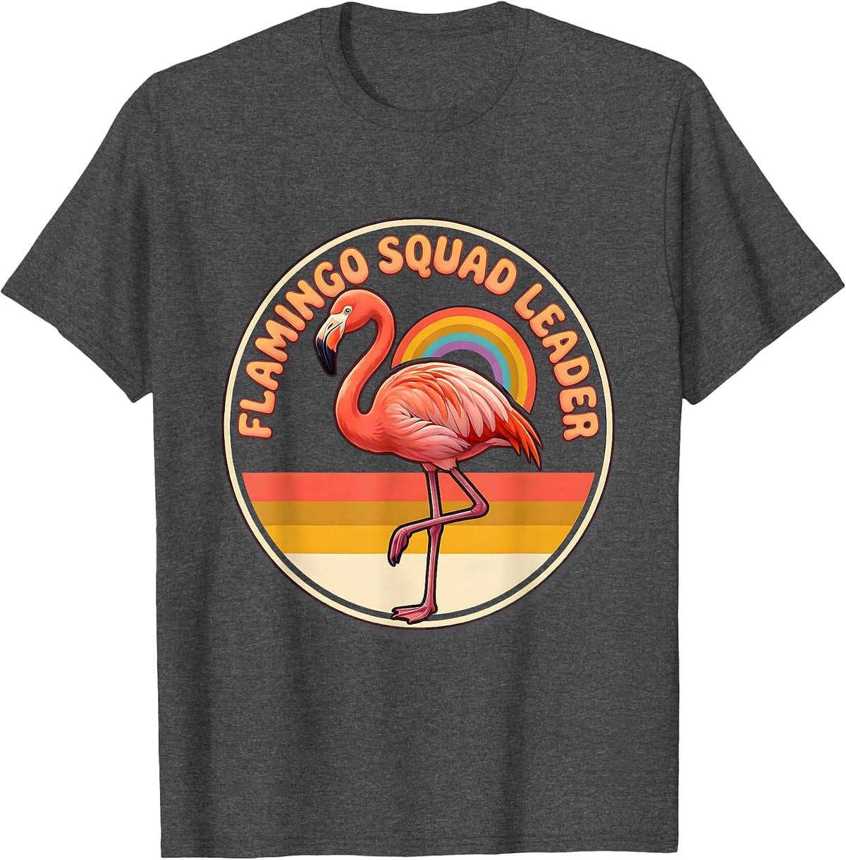 Flamingo Squad Leader Retro 70s Funny Flamingo Novelty T-Shirt - Dark Heather Grey