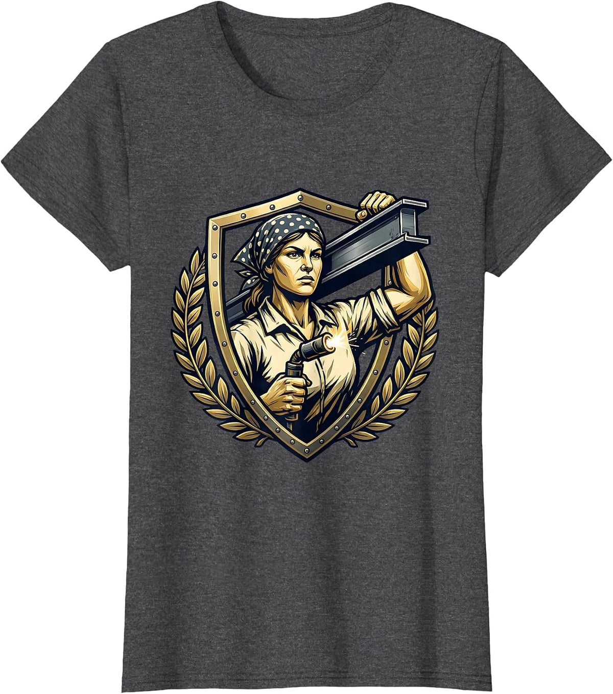 Women's Rosie the Riveter Welding Steel Beam Graphic T-Shirt - Dark Heather Grey