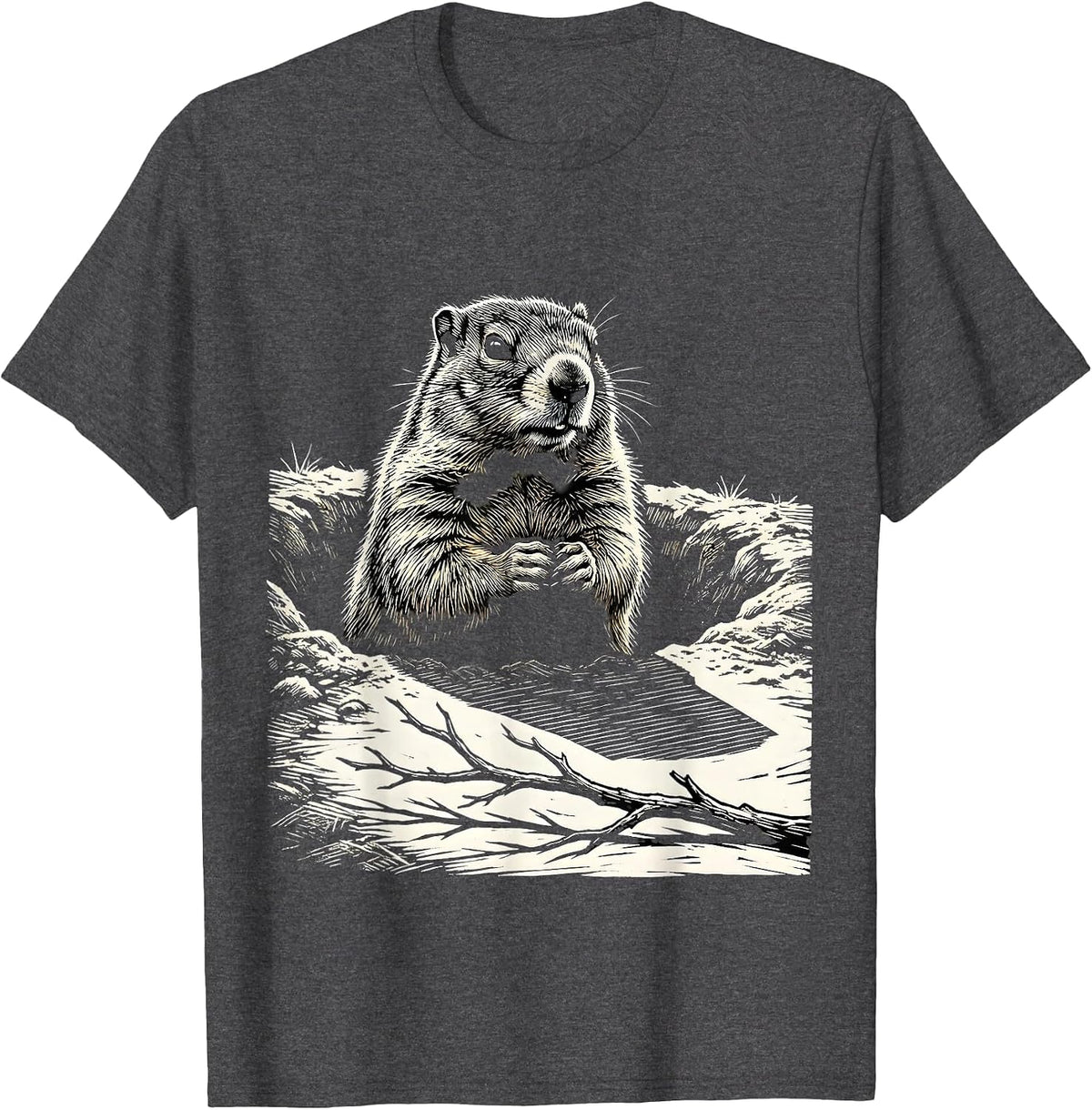 Groundhog Burrow Woodcut Funny Animal Humor T-Shirt - Dark Heather Grey