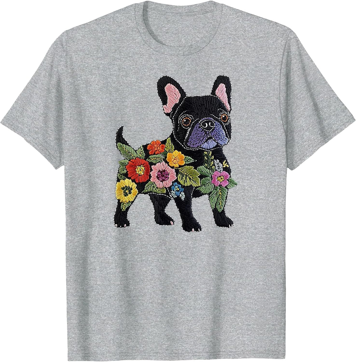 French Bulldog Flower Funny Dog Silhouette Floral Women Men T-Shirt - Heather Grey