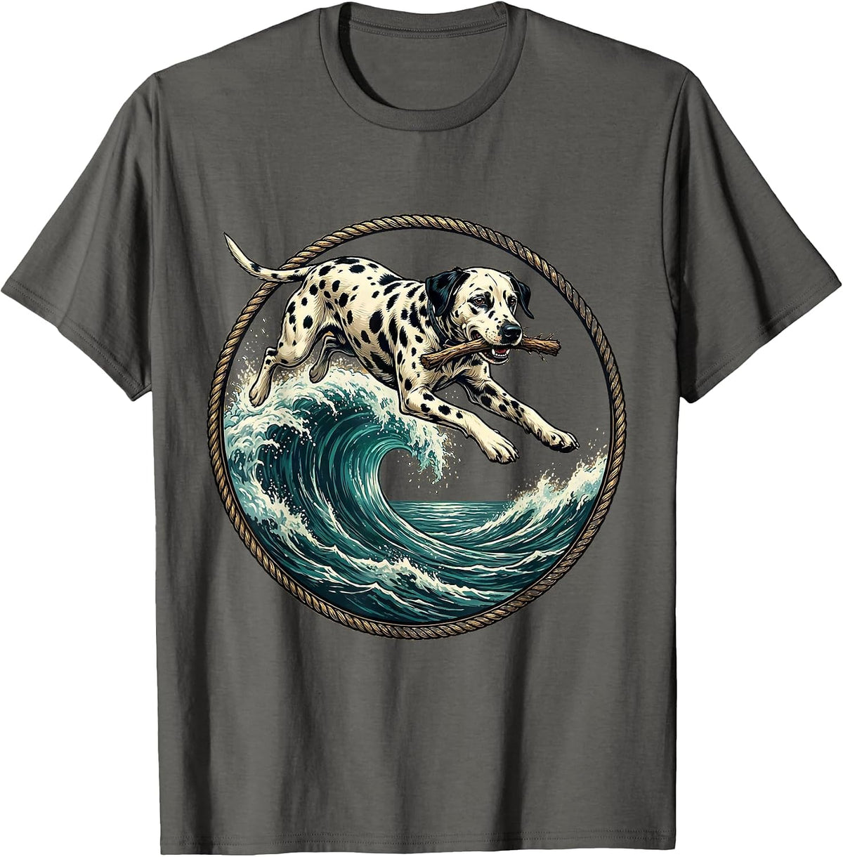 Dalmatian Fetching Stick Over Crashing Wave T-Shirt - Asphalt Grey