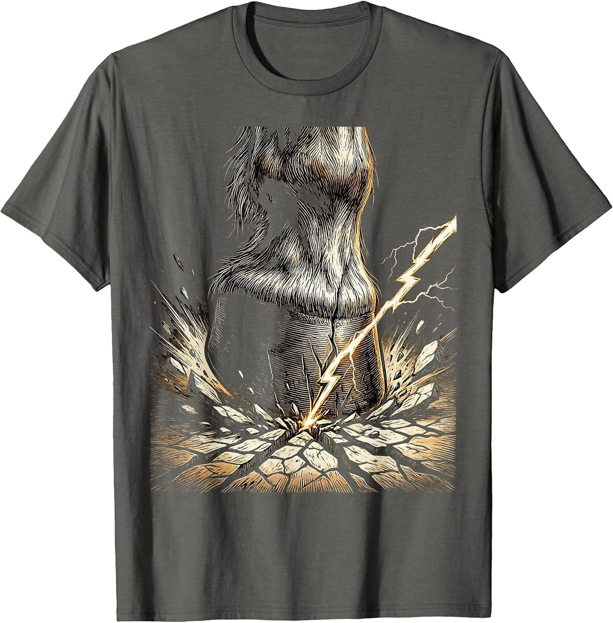Horse Hoof Lightning Bolt Strike Graphic Tee T-Shirt - Asphalt Grey