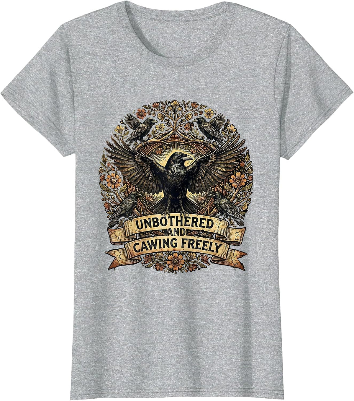 Women's Unbothered and Cawing Freely Crow Design T-Shirt - Heather Grey