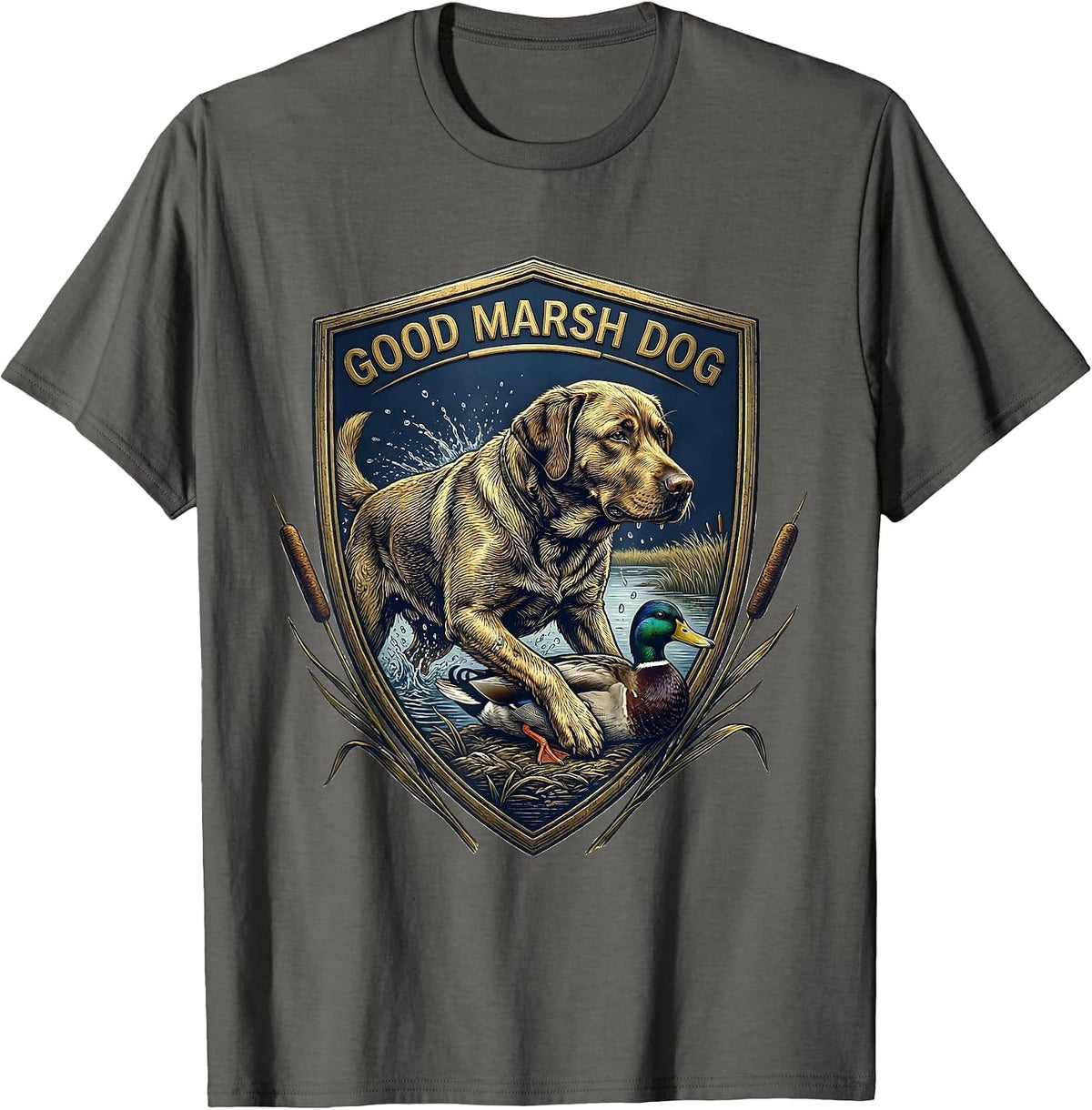 Men's Good Marsh Dog Vintage Emblem Labrador Hunting Dog Duck T-Shirt - Asphalt Grey