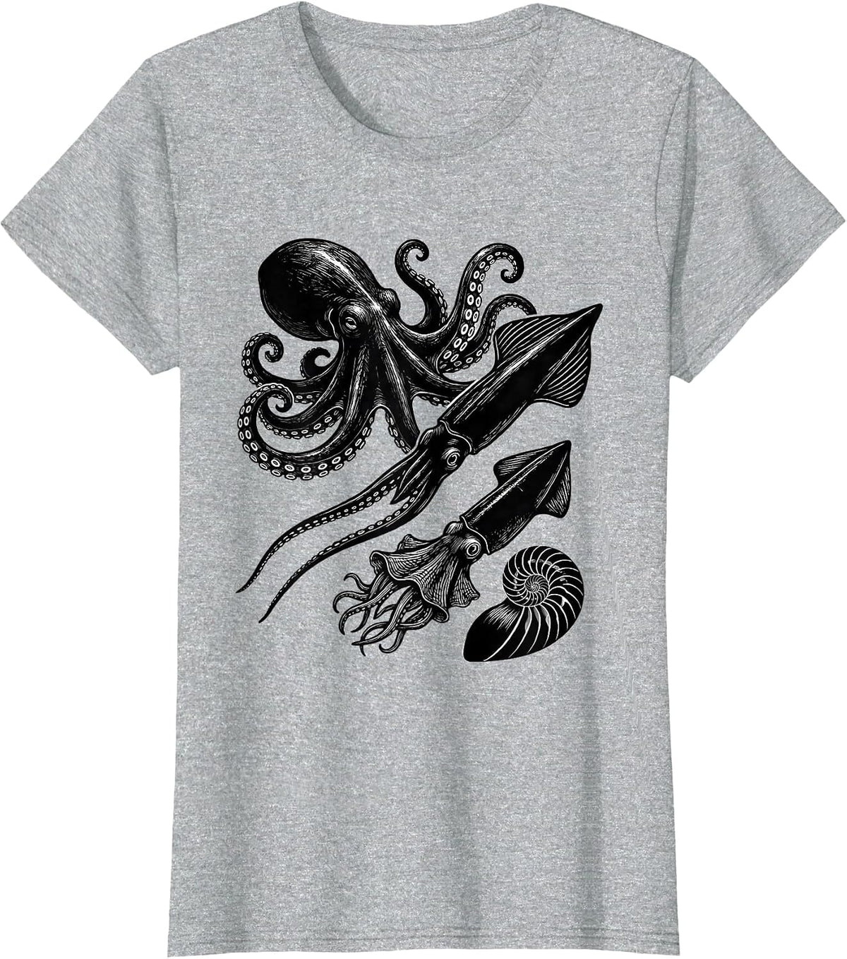Four Cephalopod Silhouettes Scratchboard Octopus Lover Gift T-Shirt - Heather Grey