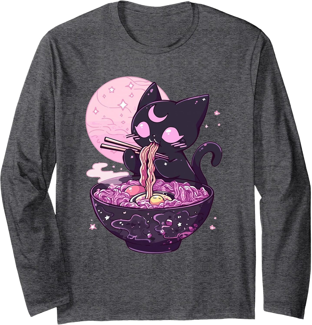 Pastel Goth Aesthetic Kawaii Creepy Cat Eating Ramen Noodles Long Sleeve T-Shirt - Adult Unisex Dark Heather Grey