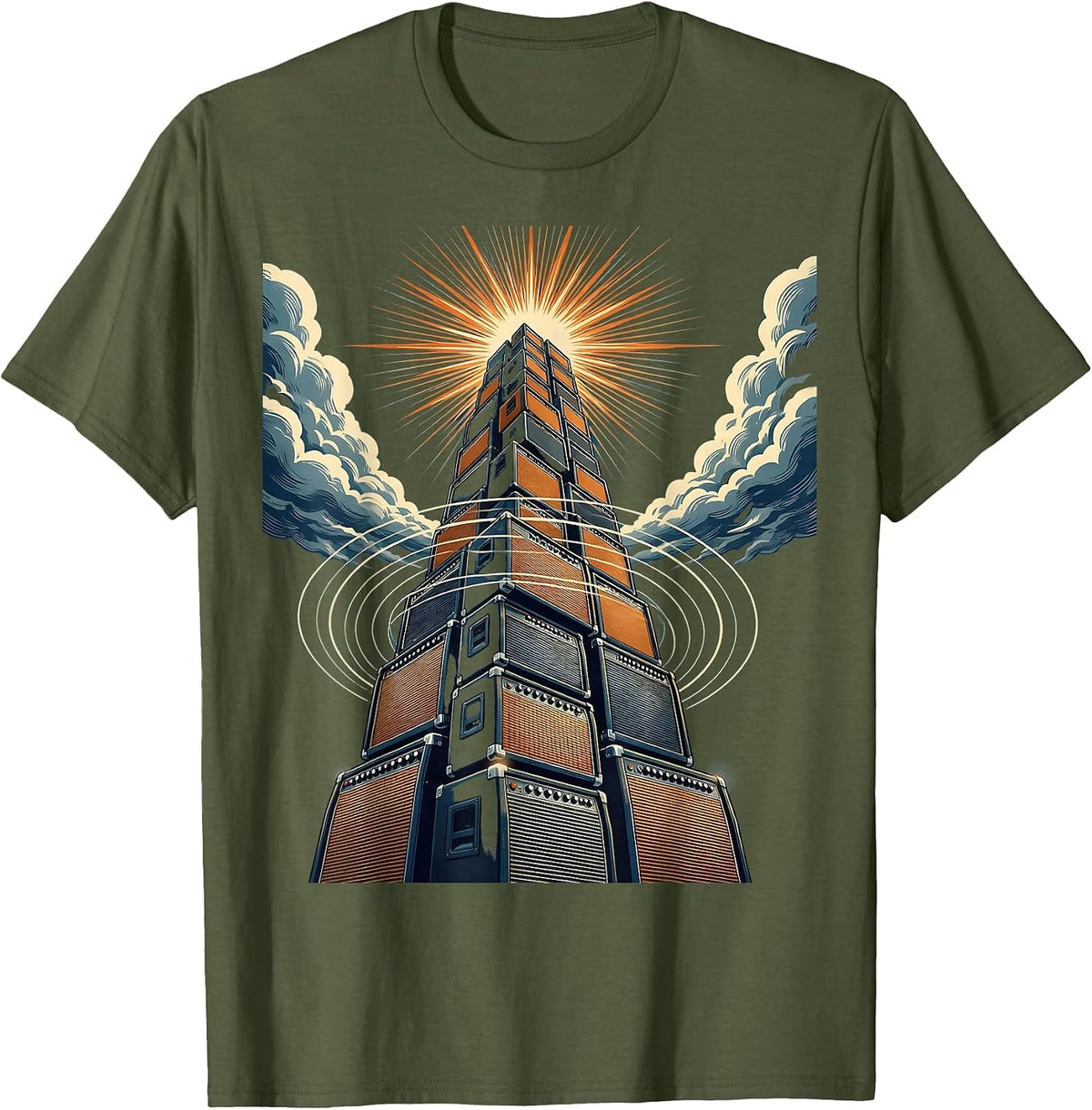 Amplifier Tower Storm Clouds Graphic T-Shirt - Olive Green