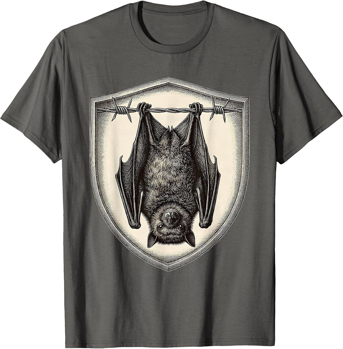 Grunge Bat on Barbed Wire Dark Art Design T-Shirt - Asphalt Grey