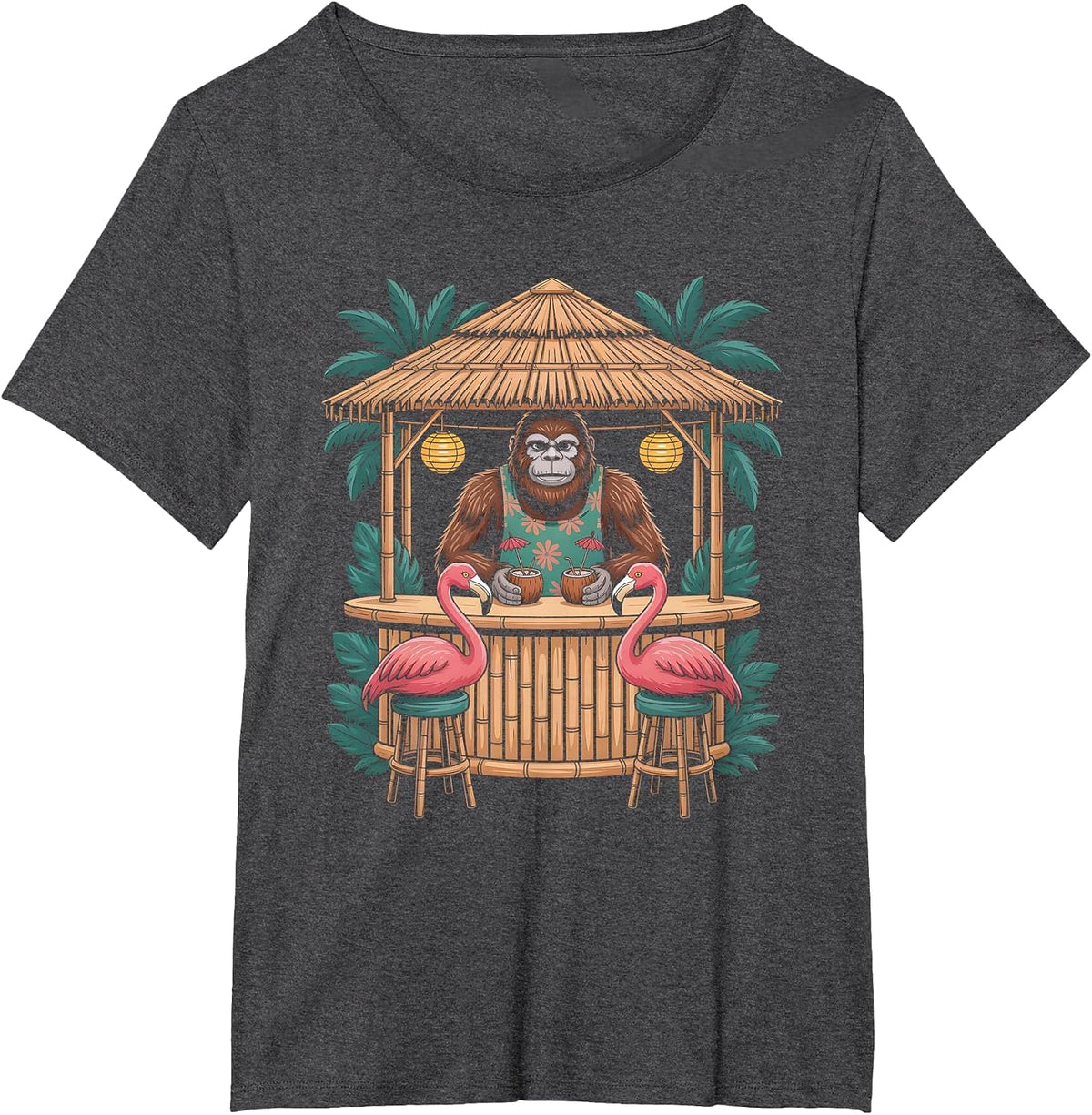 Bigfoot Flamingo Tiki Bar Summer Sun Cocktail Humor T-Shirt - Dark Heather Grey