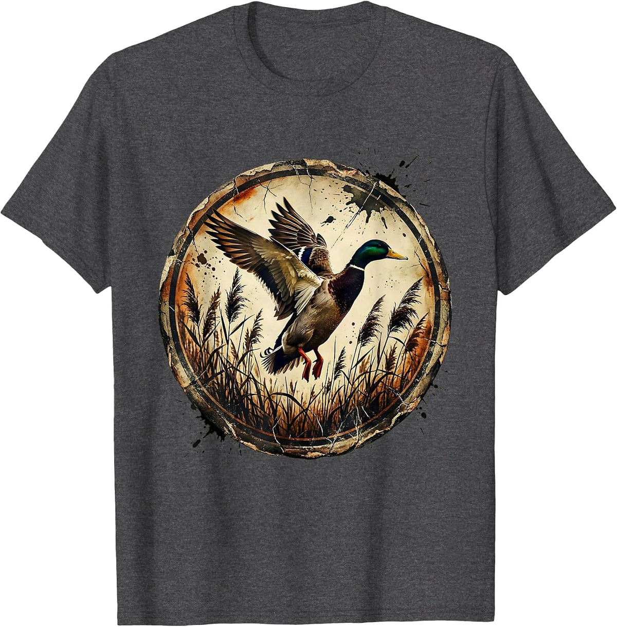 Men's Duck Taking Flight Over Marsh Reeds Illustration T-Shirt - Dark Heather Grey