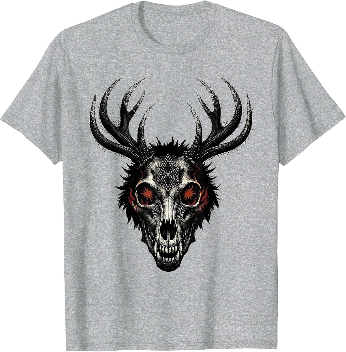 Men's Wolf Skull Antlers Death Metal Burning Eyes Design T-Shirt - Heather Grey
