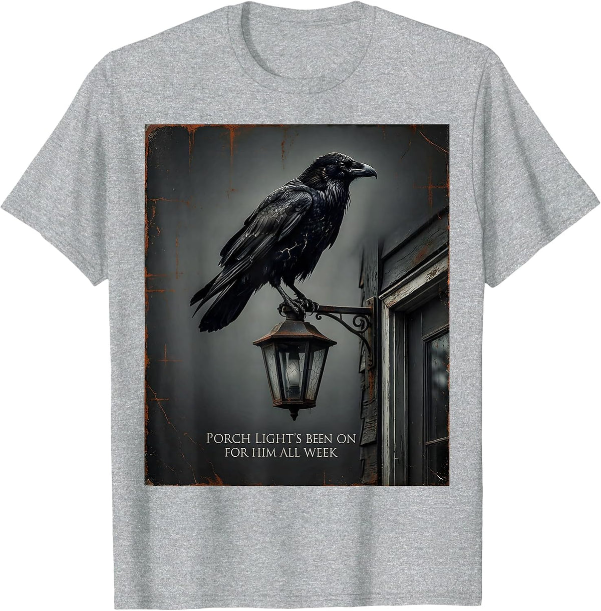 Men's Porch Light's Been On For Him All Week Gothic Literary Raven T-Shirt - Heather Grey