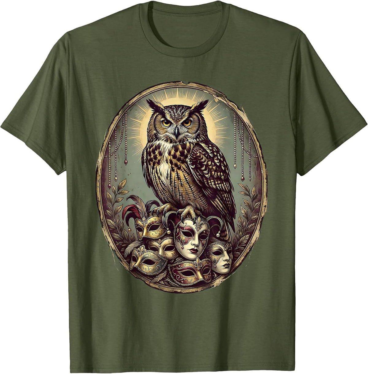 Mardi Gras Owl on a Stack of Festive Masks T-Shirt - Olive Green