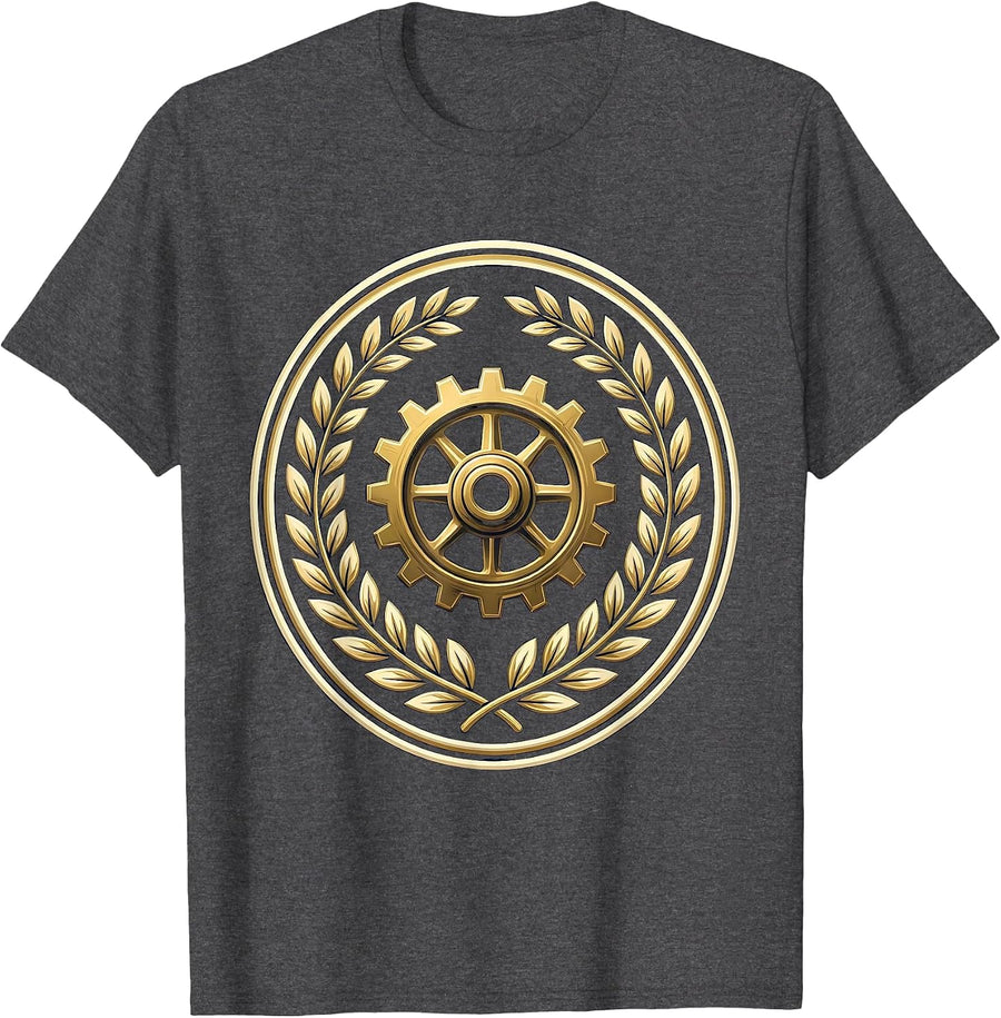 Men's Labor Day Gear Wheel Laurel Wreath Illustration T-Shirt - Dark Heather Grey