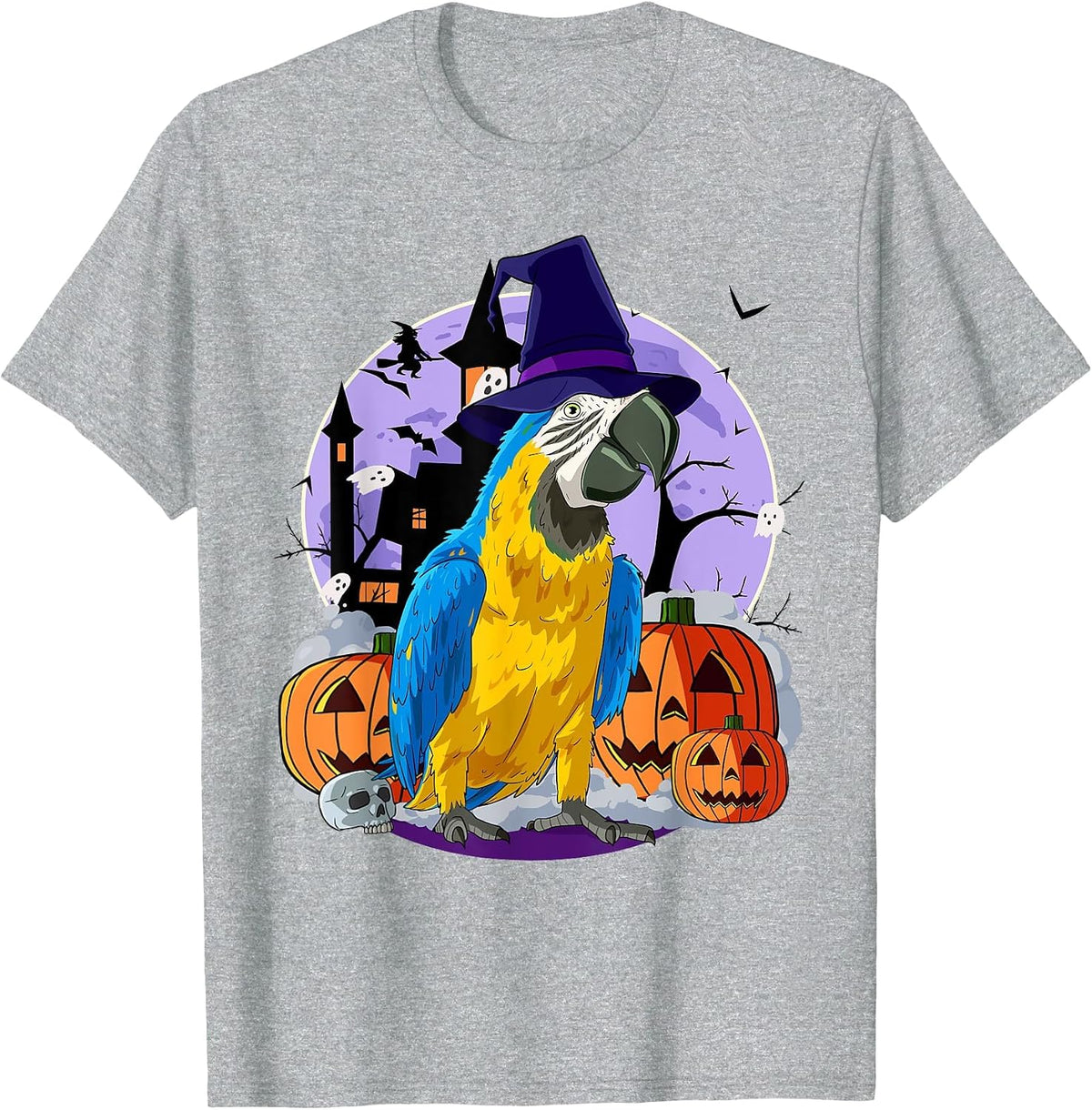 Cute Blue-and-Yellow Macaw Halloween Witch Pumpkin T-Shirt - Heather Grey