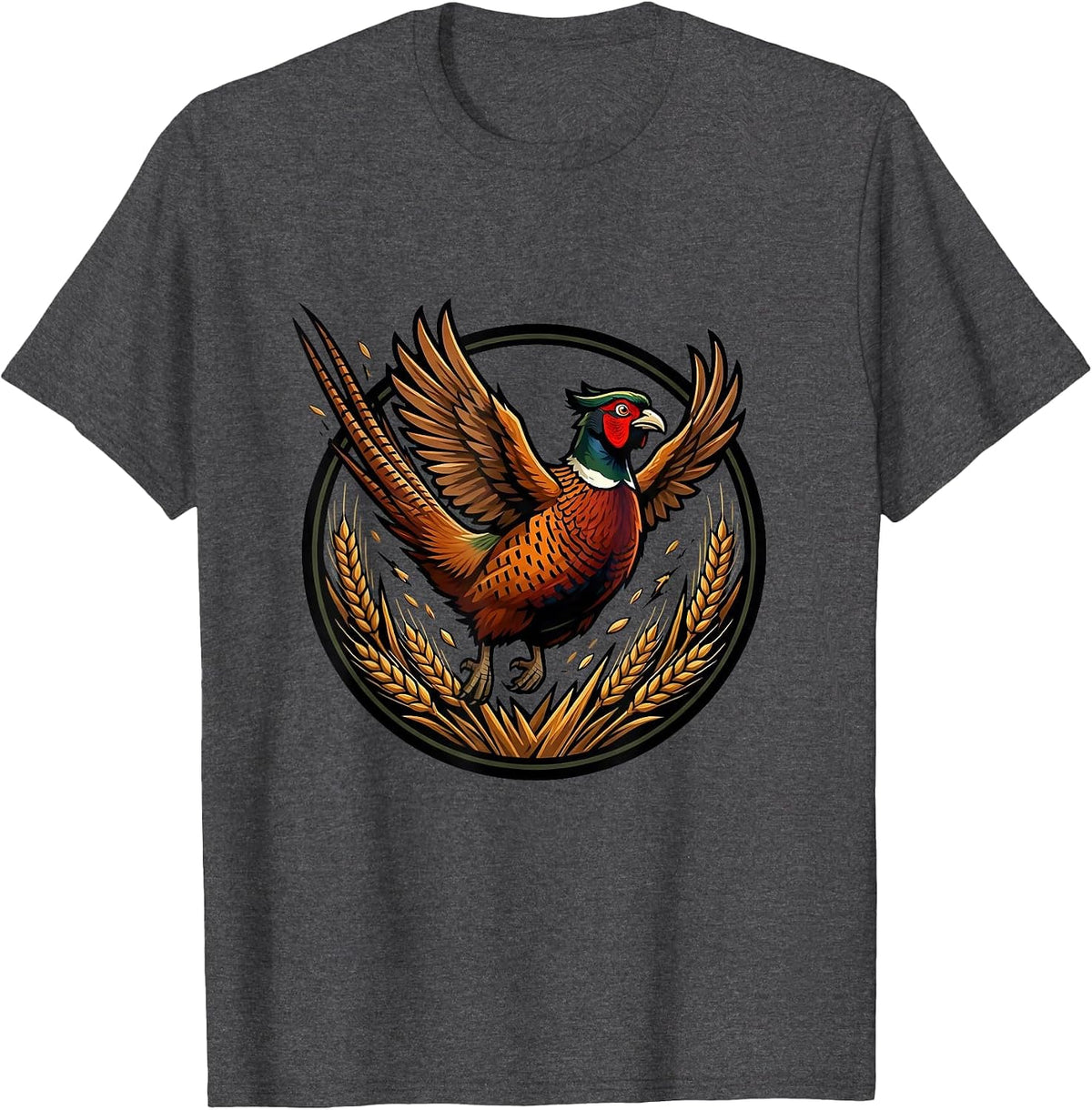 Pheasant Flush Camo Wheat Field Hunting Design T-Shirt - Dark Heather Grey
