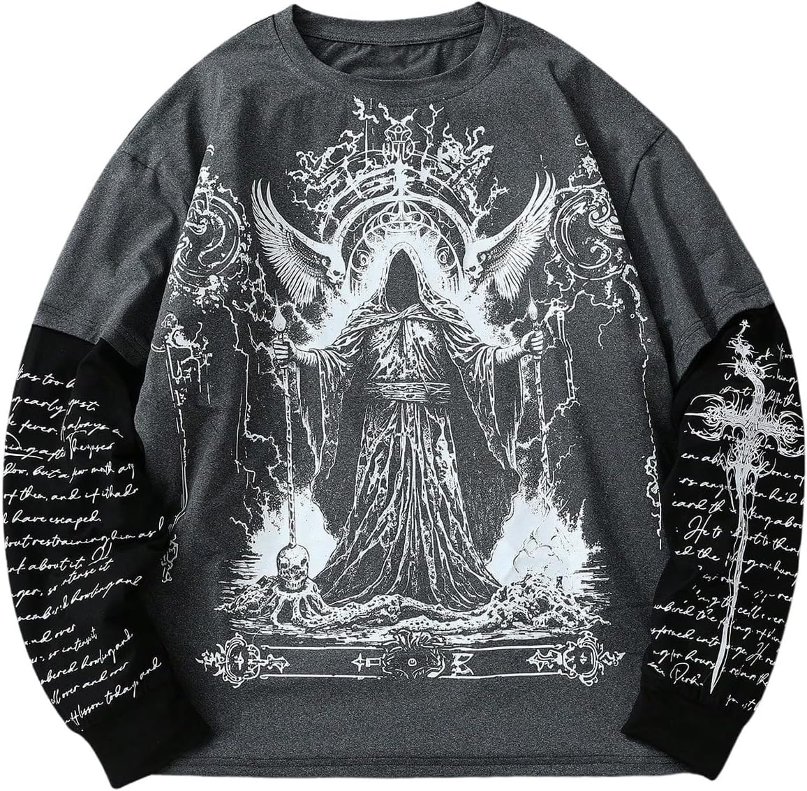 GORGLITTER Men's Y2k Goth Shirt Graphic Oversized Long Sleeve Streetwear - Black