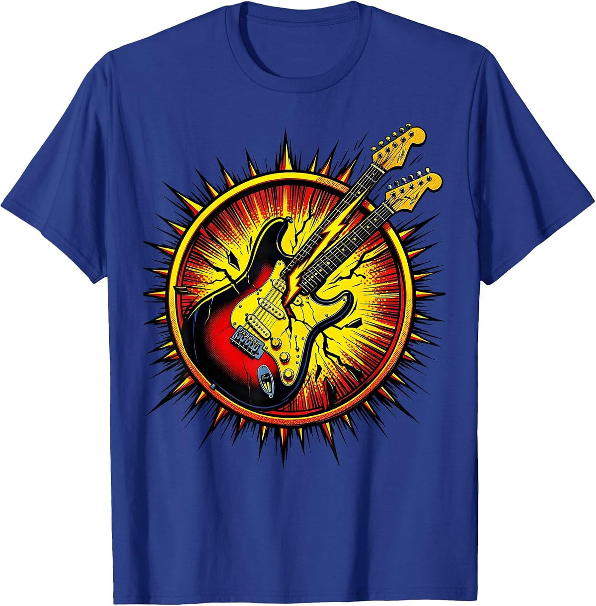 Men's Electric Guitar Lightning Bolt Split 80s Rock Art T-Shirt - Royal Blue