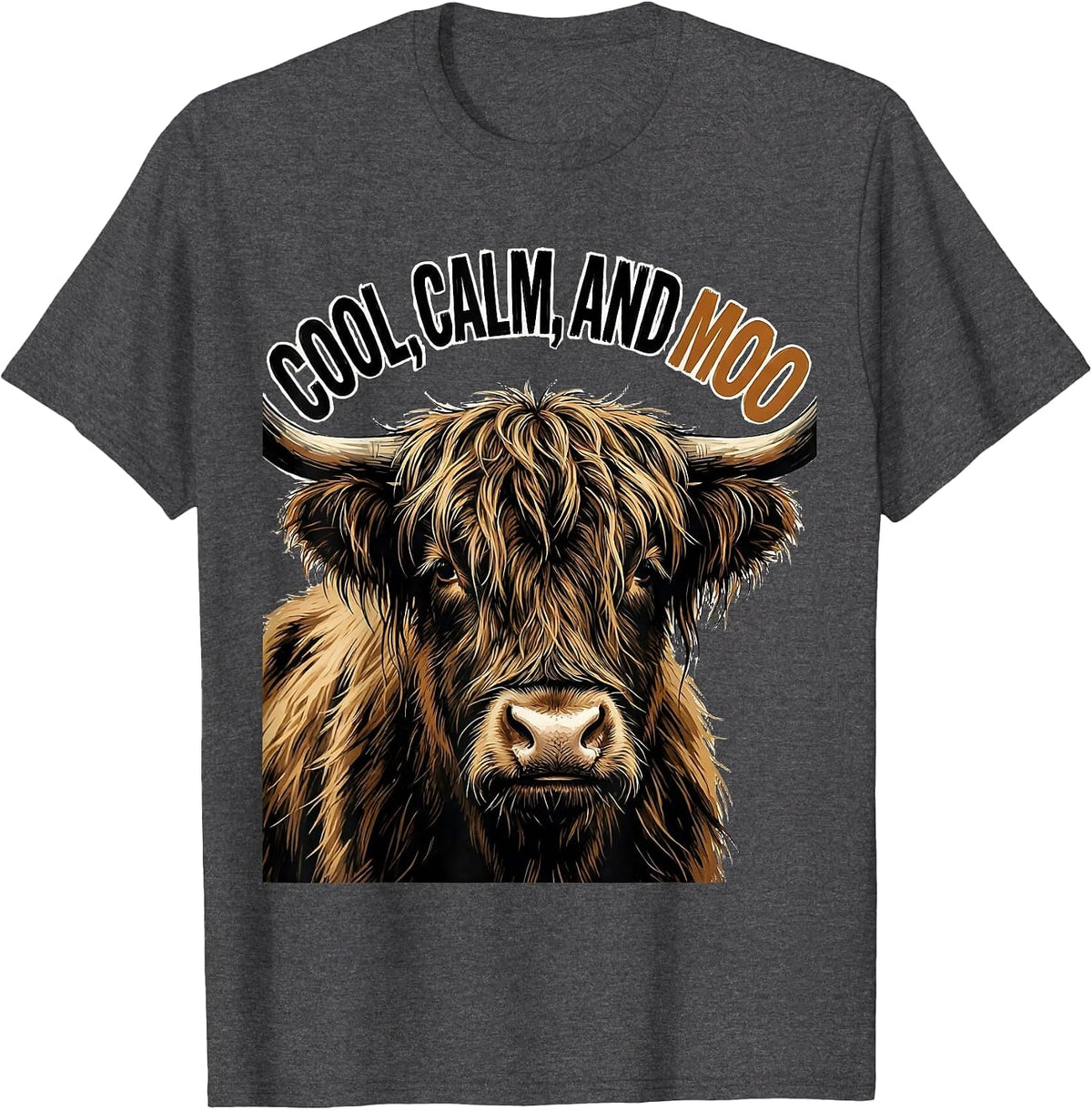 Men's Cool, Calm, And Moo Funny Highland Cow Floral Humor T-Shirt - Dark Heather Grey