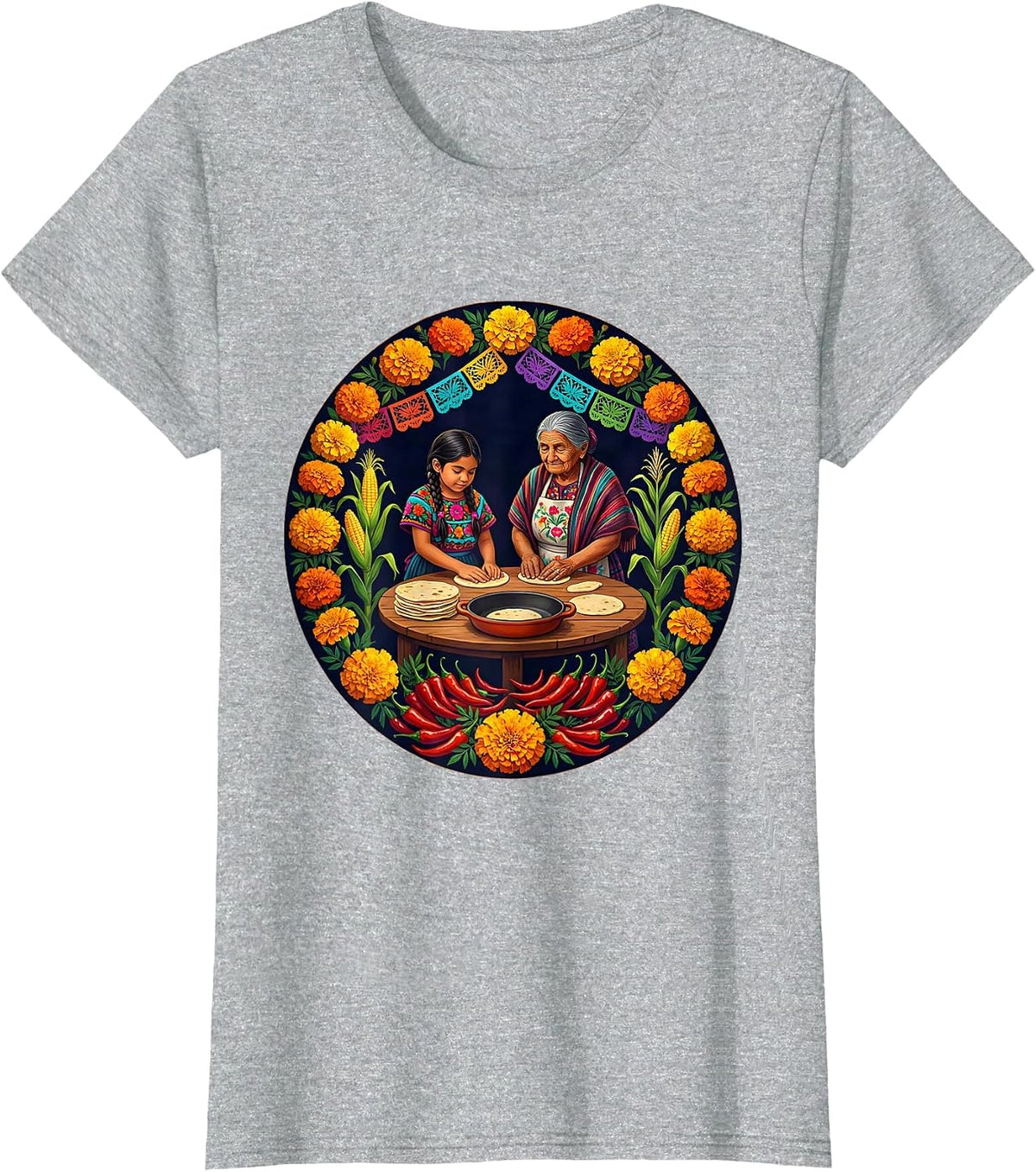 Mexican Girl Making Tortillas With Abuela T-Shirt - Heather Grey