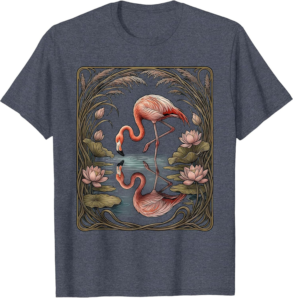 Flamingo Reflection Serene Water Illustration T-Shirt - Heather Blue