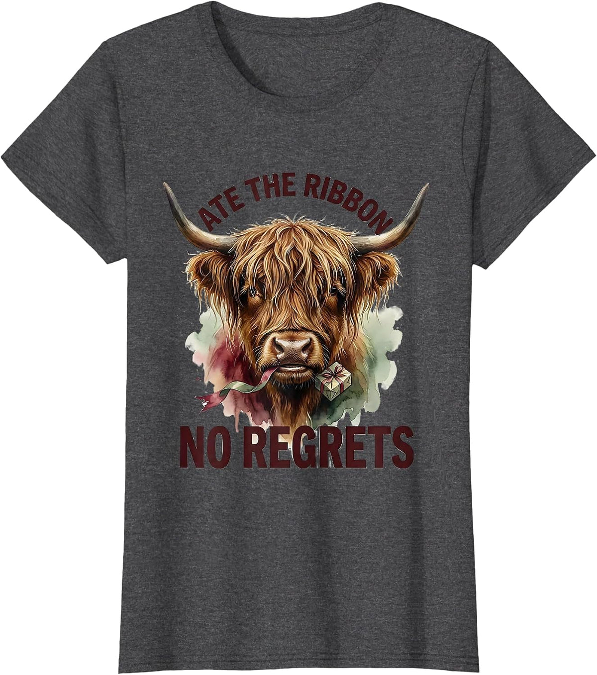 Women's Ate The Ribbon, No Regrets Watercolor Highland Cow Christmas T-Shirt - Dark Heather Grey