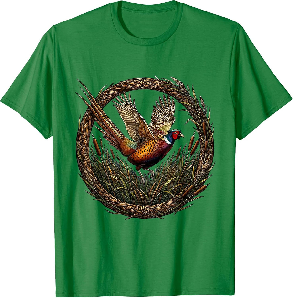 Men's Pheasant Flush Rising Through Tall Grass T-Shirt - Kelly Green