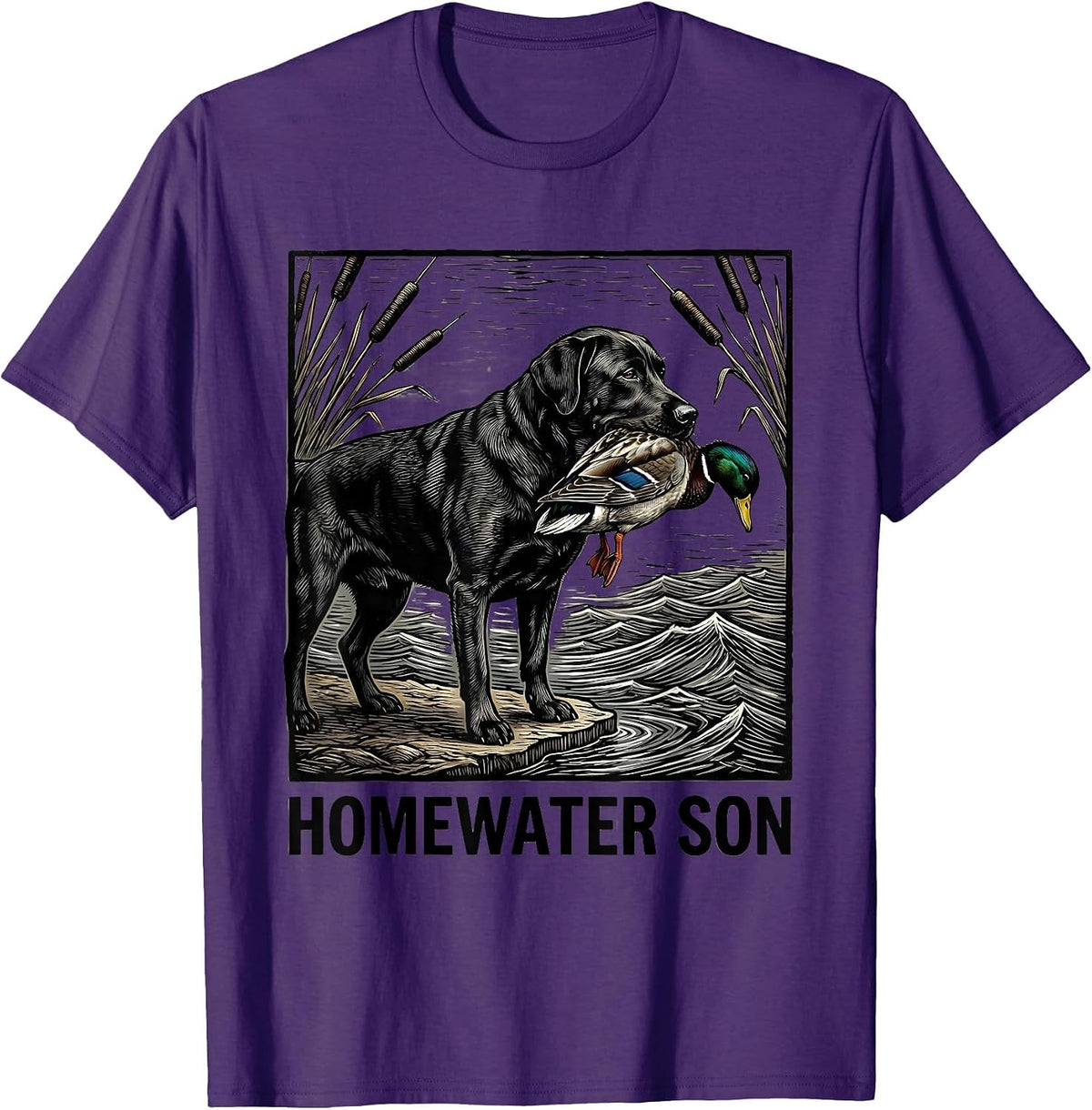 Men's Homewater Son Woodcut Engraving Black Labrador Duck Hunting T-Shirt - Purple