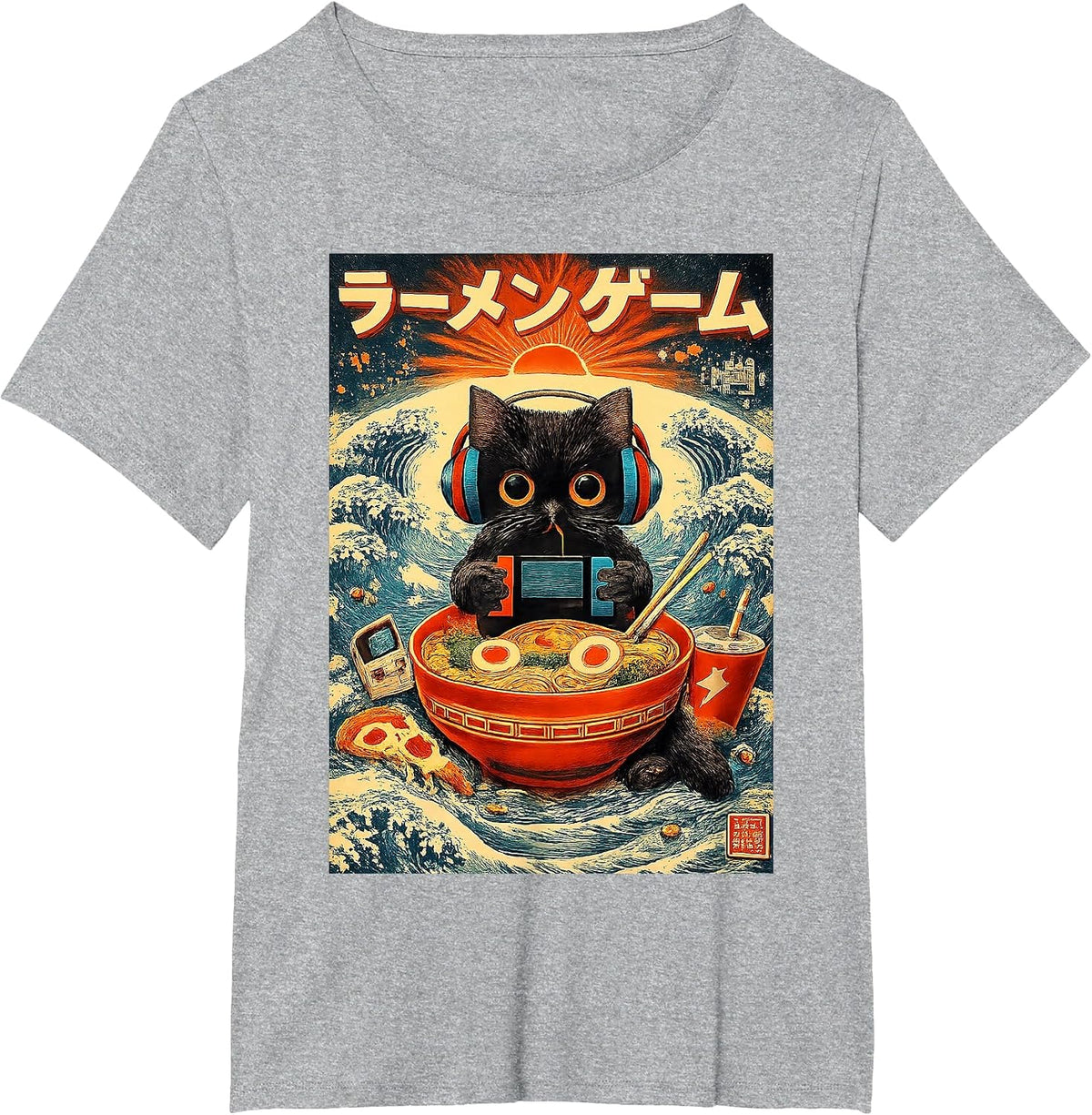 Ramen Gamer Cat Vintage Japanese Art Funny for Men Women Kid T-Shirt - Heather Grey