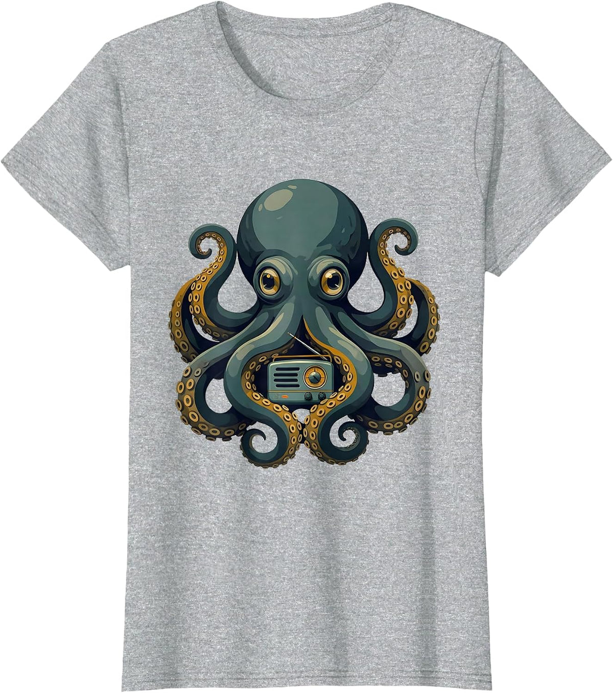 Octopus Vintage Radio Midcentury Modern Sea Creature Art T-Shirt - Heather Grey