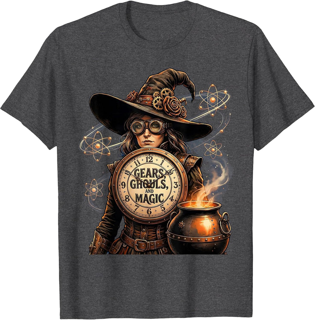 Gears Ghouls and Magic Steampunk Witch Design T-Shirt - Dark Heather Grey