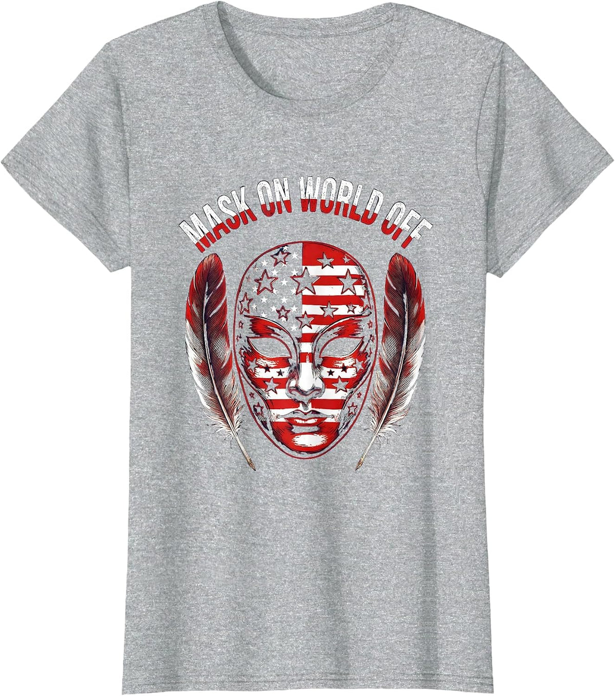Mask On World Off Mardi Gras Celebration Design T-Shirt - Heather Grey