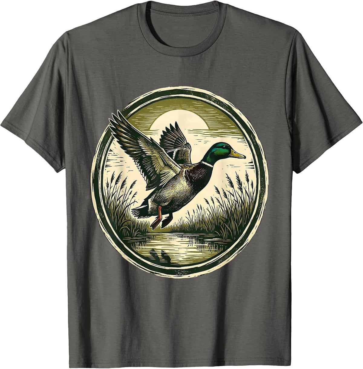 Camo Duck Flying Over Marshland at Dawn T-Shirt - Asphalt Grey