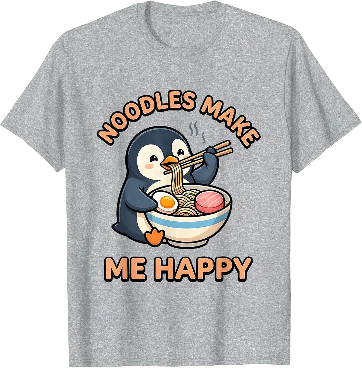 Men's Noodles Make Me Happy Cute Kawaii Penguin Ramen Animal Lover T-Shirt - Heather Grey