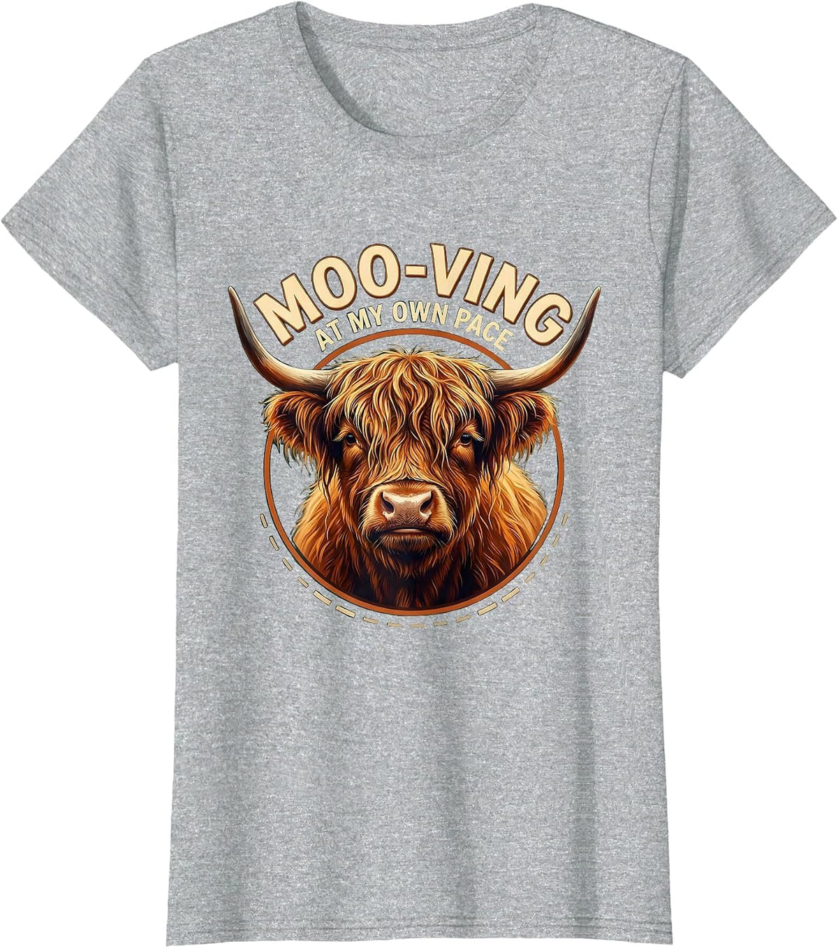 Women's Moo-ving At My Own Pace Funny Highland Cow Farm Humor T-Shirt - Heather Grey
