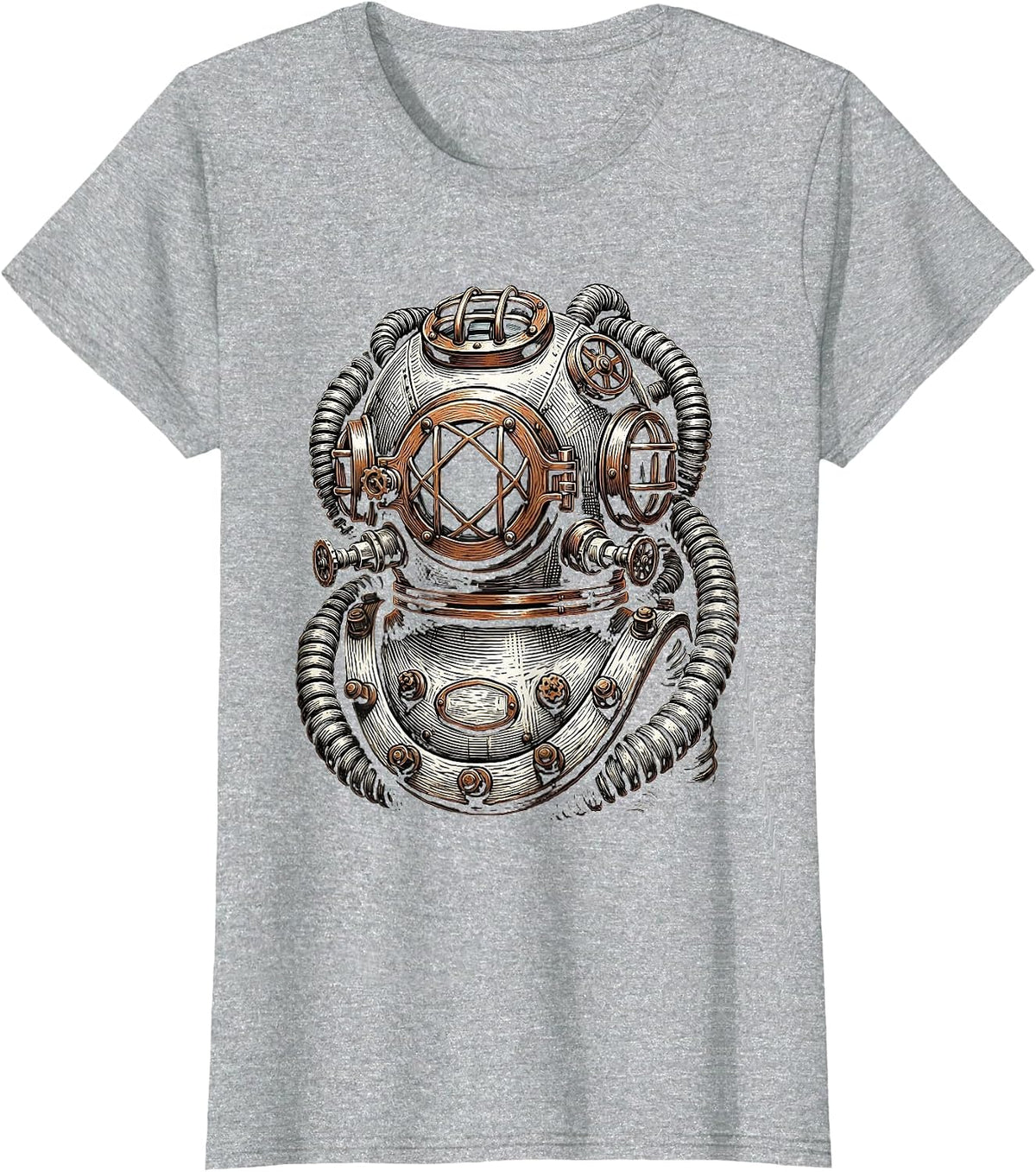 Steampunk Deep Sea Diver Helmet Copper Pipes Art T-Shirt - Heather Grey