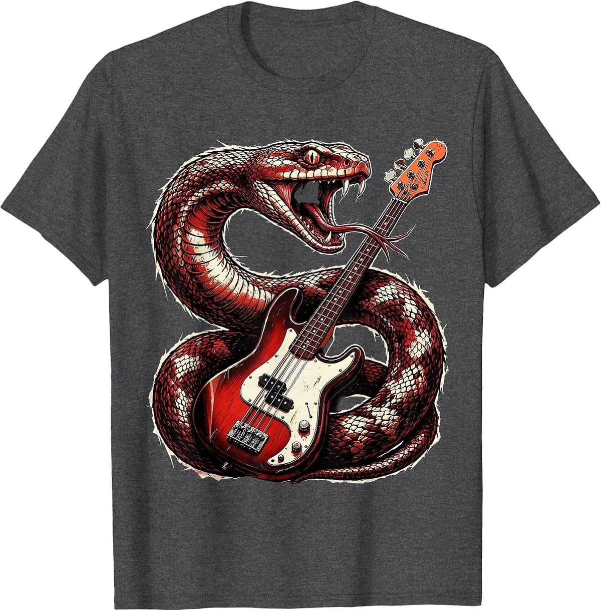 Men's Serpent Coiled Bass Guitar Rock Music Graphic T-Shirt - Dark Heather Grey