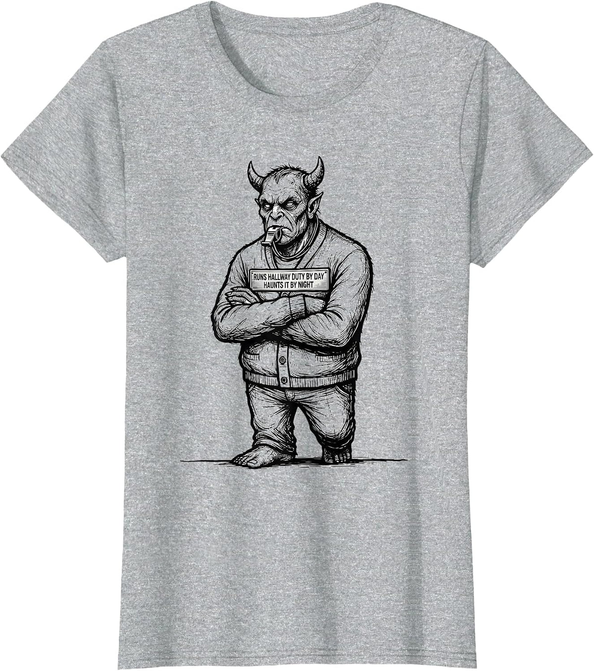 Runs Hallway Duty By Day, Haunts It By Night Monster Teacher T-Shirt - Heather Grey