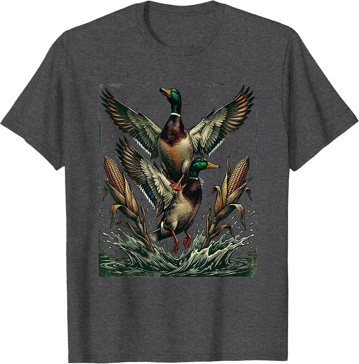 Bottomland Camo Mallards Flushing Flooded Corn T-Shirt - Dark Heather Grey