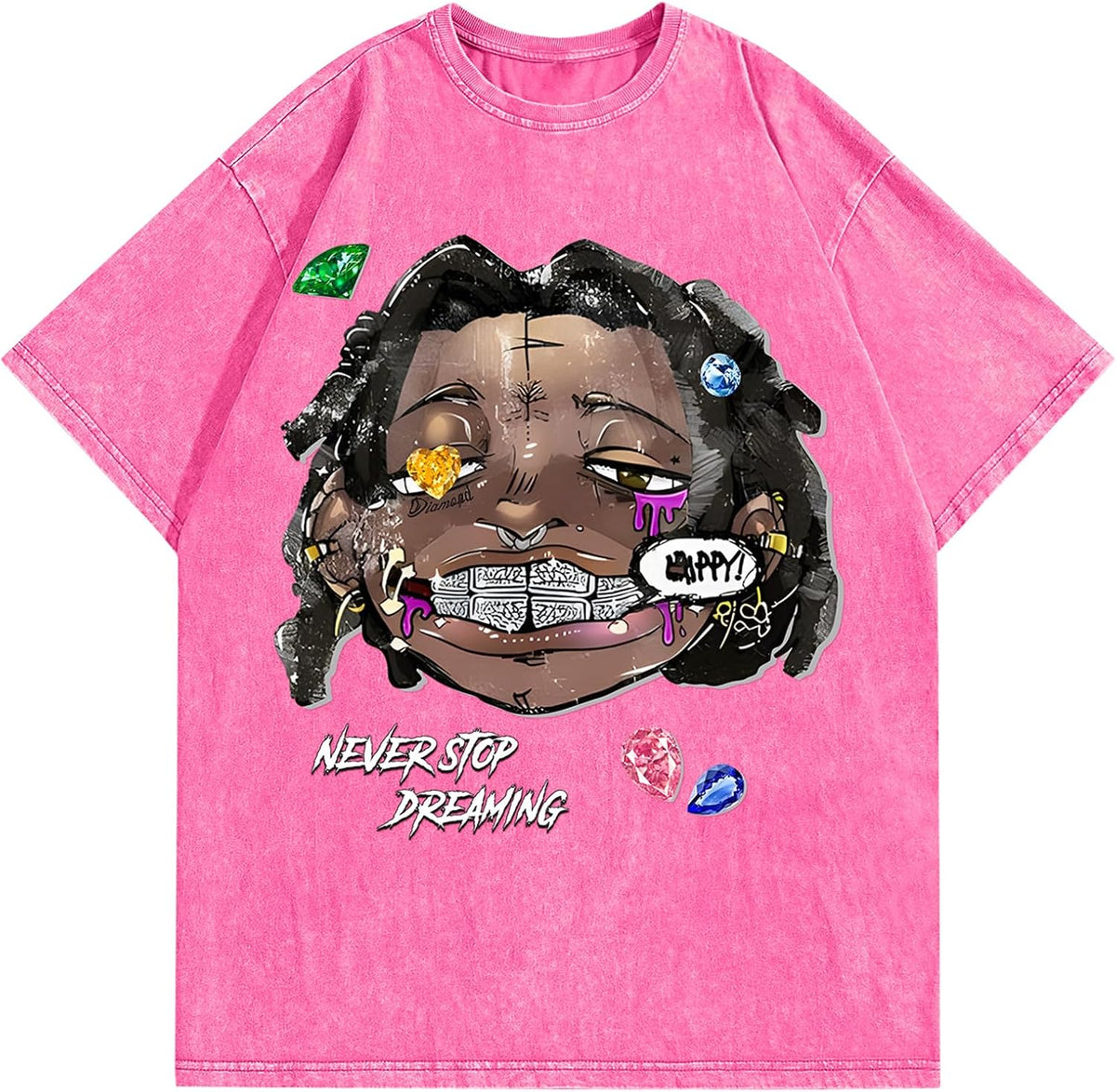 BAPHITY Mens Graphic Tees Acid Washed Y2K Vintage Streetwear T-Shirt Summer - Rose
