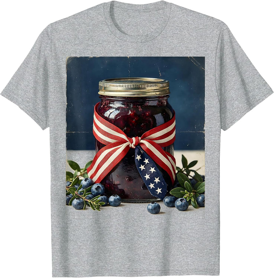 Red White and Blueberries Jam Jar Flag Ribbon T-Shirt, Men, Heather Grey, X-Large - As Pictured