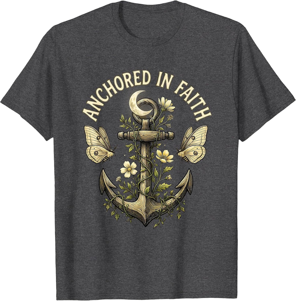 Men's Anchored in Faith Faith Over Fear Design T-Shirt - Dark Heather Grey